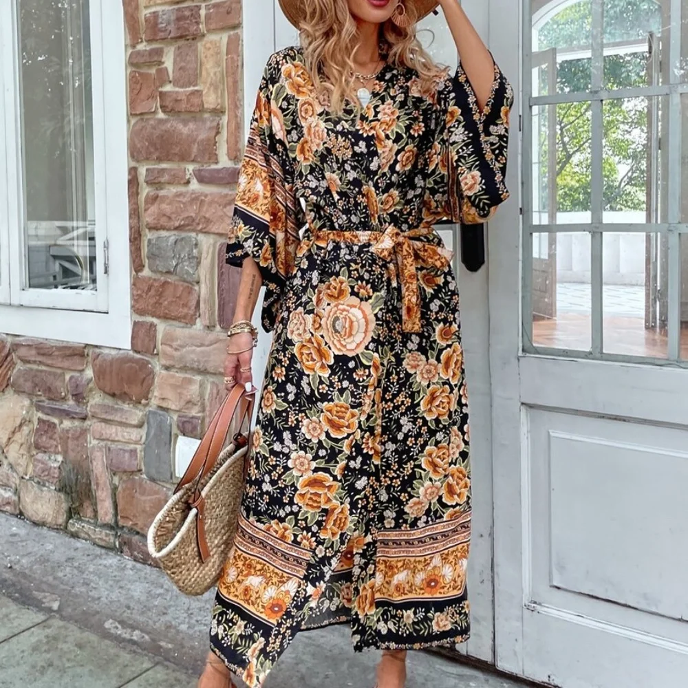 Boho Black Pink Floral Belted Long Kimono Cover up Beach - Picture 7 of 11